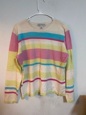 Evan Picone Cream Sweater with Turquoise, Pink & Yellow Stripes